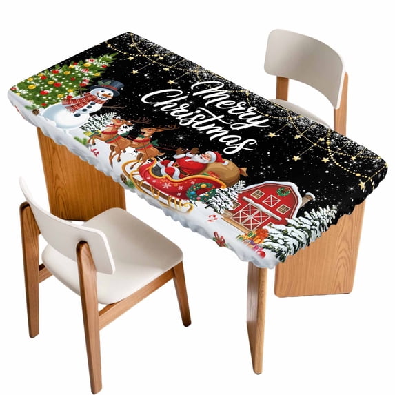 Black Christmas Table Cloths for 3 Foot Rectangle Tables, Santa Snowman Snowflake Elk Xmas Tree Patio Waterproof Elastic Fitted Tablecloths, Washable Rectangular Table Cover for Camping
