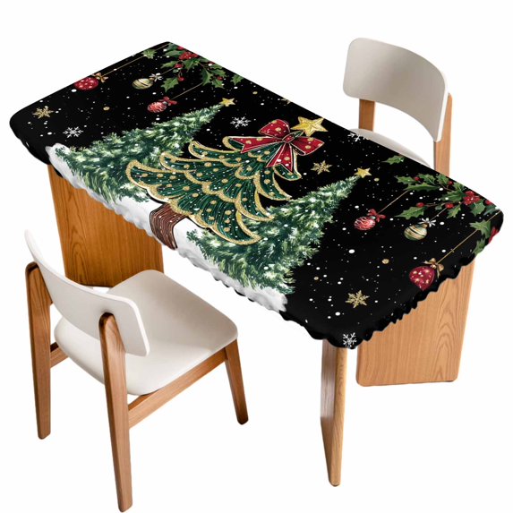 Black Christmas Table Cloths for 3 Foot Rectangle Tables, Xmas Christmas Tree Snowflake Patio Waterproof Elastic Fitted Tablecloths, Washable Rectangular Table Cover for Camping