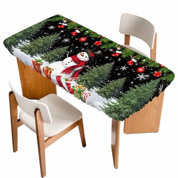 Black Christmas Table Cloths for 3 Foot Rectangle Tables, Xmas Tree Ball Snowflake Winter Gifts Patio Waterproof Elastic Fitted Tablecloths, Washable Rectangular Table Cover for Camping