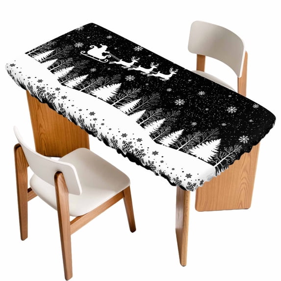 Black Christmas Table Cloths for 4 Foot Rectangle Tables, Xmas Elk Tree Snowflake Forest Patio Waterproof Elastic Fitted Tablecloths, Washable Rectangular Table Cover for Camping