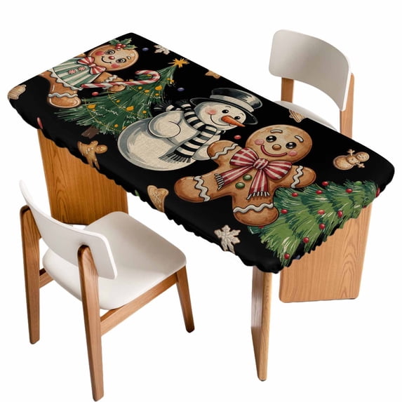 Black Christmas Table Cloths for 4 Foot Rectangle Tables, Xmas Tree Gingerbread Snowman Winter Patio Waterproof Elastic Fitted Tablecloths, Washable Rectangular Table Cover for Camping