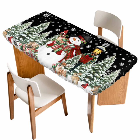 Black Christmas Table Cloths for 5 Foot Rectangle Tables, Snowman Xmas Snowflake Botanical Tree Patio Waterproof Elastic Fitted Tablecloths, Washable Rectangular Table Cover for Camping