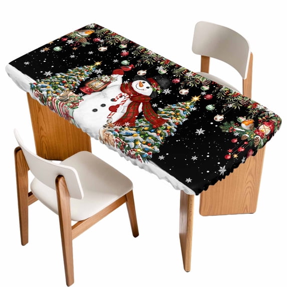Black Christmas Table Cloths for 5 Foot Rectangle Tables, Snowman Xmas Tree Ball Snowflake Winter Patio Waterproof Elastic Fitted Tablecloths, Washable Rectangular Table Cover for Camping