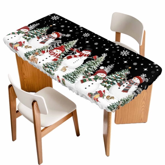 Black Christmas Table Cloths for 5 Foot Rectangle Tables, Snowman Xmas Tree Snowflake Winter Patio Waterproof Elastic Fitted Tablecloths, Washable Rectangular Table Cover for Camping