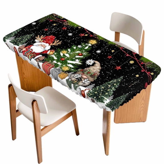 Black Christmas Table Cloths for 6 Foot Rectangle Tables, Gnomes Xmas Tree Snowflake Winter Gifts Patio Waterproof Elastic Fitted Tablecloths, Washable Rectangular Table Cover for Camping