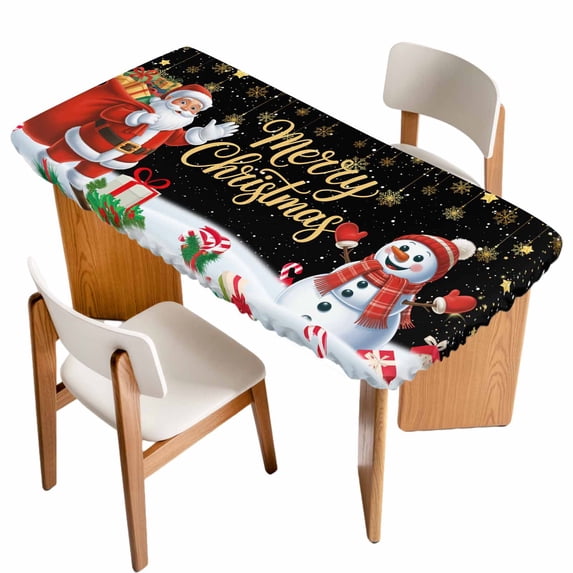 Black Christmas Table Cloths for 6 Foot Rectangle Tables, Santa Snowman Xmas Gifts Snowflake Winter Patio Waterproof Elastic Fitted Tablecloths, Washable Rectangular Table Cover for Camping