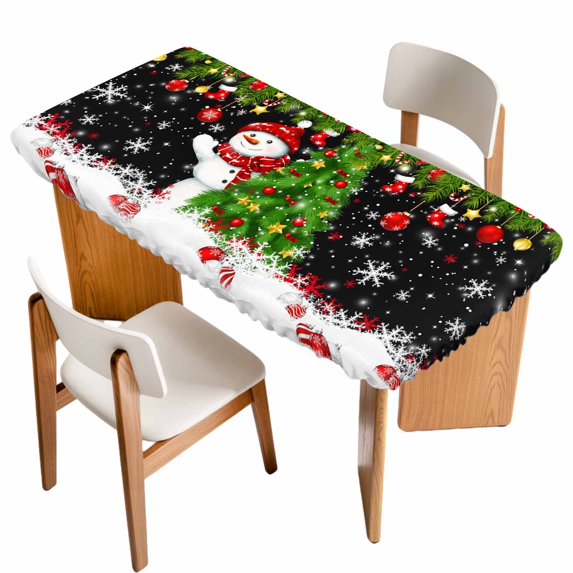Black Christmas Table Cloths for 6 Foot Rectangle Tables, Snowman Xmas Tree Ball Snowflake Patio Waterproof Elastic Fitted Tablecloths, Washable Rectangular Table Cover for Camping