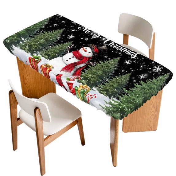 Black Christmas Table Cloths for 6 Foot Rectangle Tables, Snowman Xmas Tree Snowflake Winter Gifts Patio Waterproof Elastic Fitted Tablecloths, Washable Rectangular Table Cover for Camping