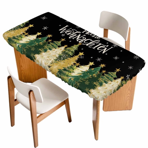 Black Christmas Table Cloths for 6 Foot Rectangle Tables, Xmas Tree Snowflake Farmhouse Patio Waterproof Elastic Fitted Tablecloths, Washable Rectangular Table Cover for Camping