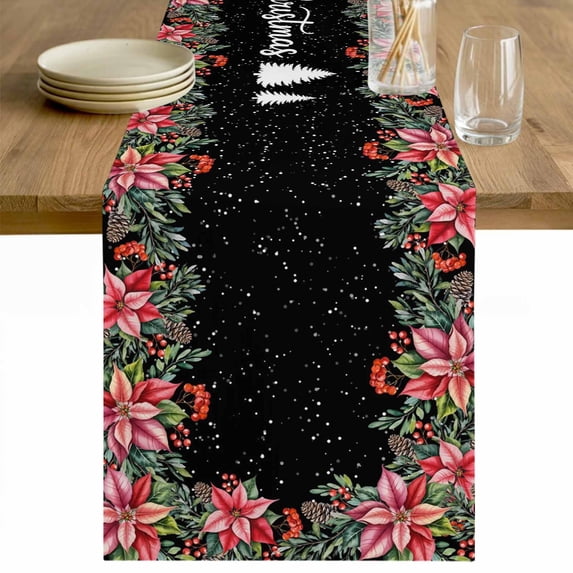 Black Christmas Table Runner 120 Inches Long Farmhouse Dress Scarves, Xmas Tree Snowflake Poinsettia Dining Tablerunner for Coffee Table/Kitchen Island/Party Décor, 13" x 120"