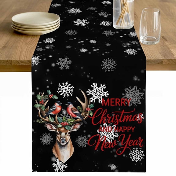 Black Christmas Table Runner 48 Inches Long Farmhouse Dress Scarves, Winter Elk Cardinal Berry Snowflakes Dining Tablerunner for Coffee Table/Kitchen Island/Party Décor, 13" x 48"