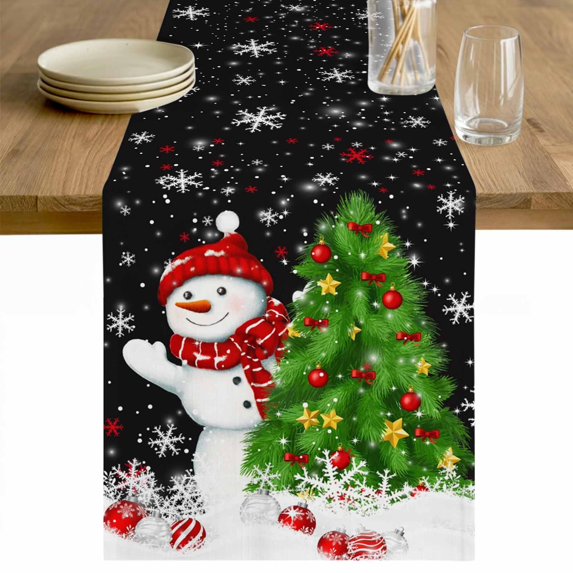Black Christmas Table Runner 60 Inches Long Farmhouse Dress Scarves, Snowman Xmas Tree Ball Snowflake Dining Tablerunner for Coffee Table/Kitchen Island/Party Décor, 13" x 60"