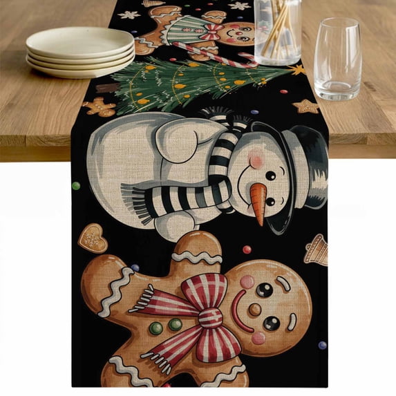 Black Christmas Table Runner 60 Inches Long Farmhouse Dress Scarves, Xmas Tree Gingerbread Snowman Winter Dining Tablerunner for Coffee Table/Kitchen Island/Party Décor, 13" x 60"