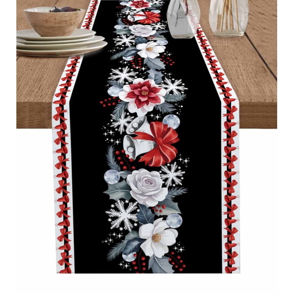 Black Christmas Table Runner 70 Inches, Winter Xmas Bells Bow Flower Snowflakes Bed Runner Dresser Scarves Tabletop for Indoor Outdoor Parties/Ceremony/Banquet, 13" x 70"