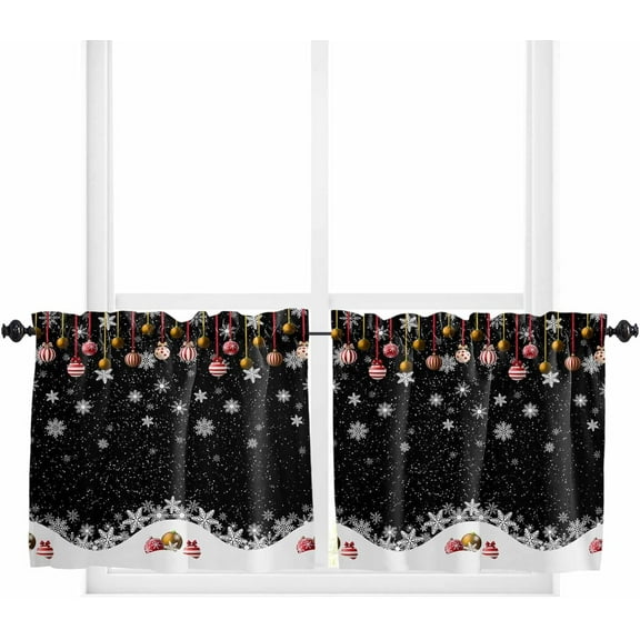 Black Christmas Tier Curtains 24 Inch Length for Small Windows, Farmhouse Curtains & Drapes, Xmas Balls White Snowflake Rod Pocket Window Curtains for Bedroom, 27.5" x 24", 2 Panels
