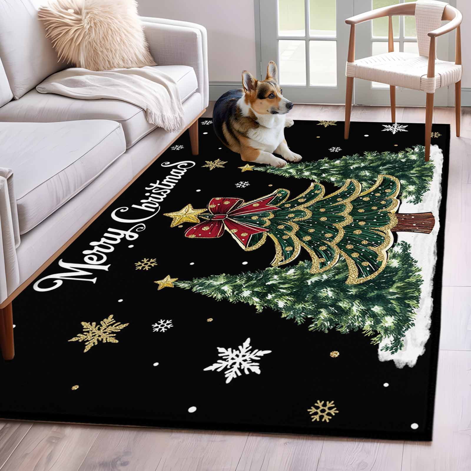 Xmas Tree Rug Black Christmas Tree Area Rug 3x5 Washable Rug Non Slip Snowflake Tree ...