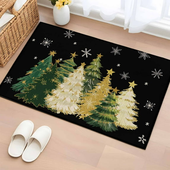 Black Christmas Tree Bathroom Rug Washable 2x3 Entryway Rug Non Slip Xmas Tree Winter Snowflake Front Door Mat Low Pile Indoor Doormat Throw Floor Carpet for Kitchen Bedroom Entrance
