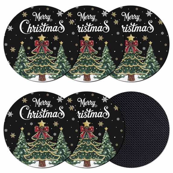 Black Christmas Tree Coasters Set of 6, Absorbent Coasters for Drinks, Snowflake Tree Xmas Coaster for Desk Coffee Table Protection, Home Decor House Warming Gifts 4"