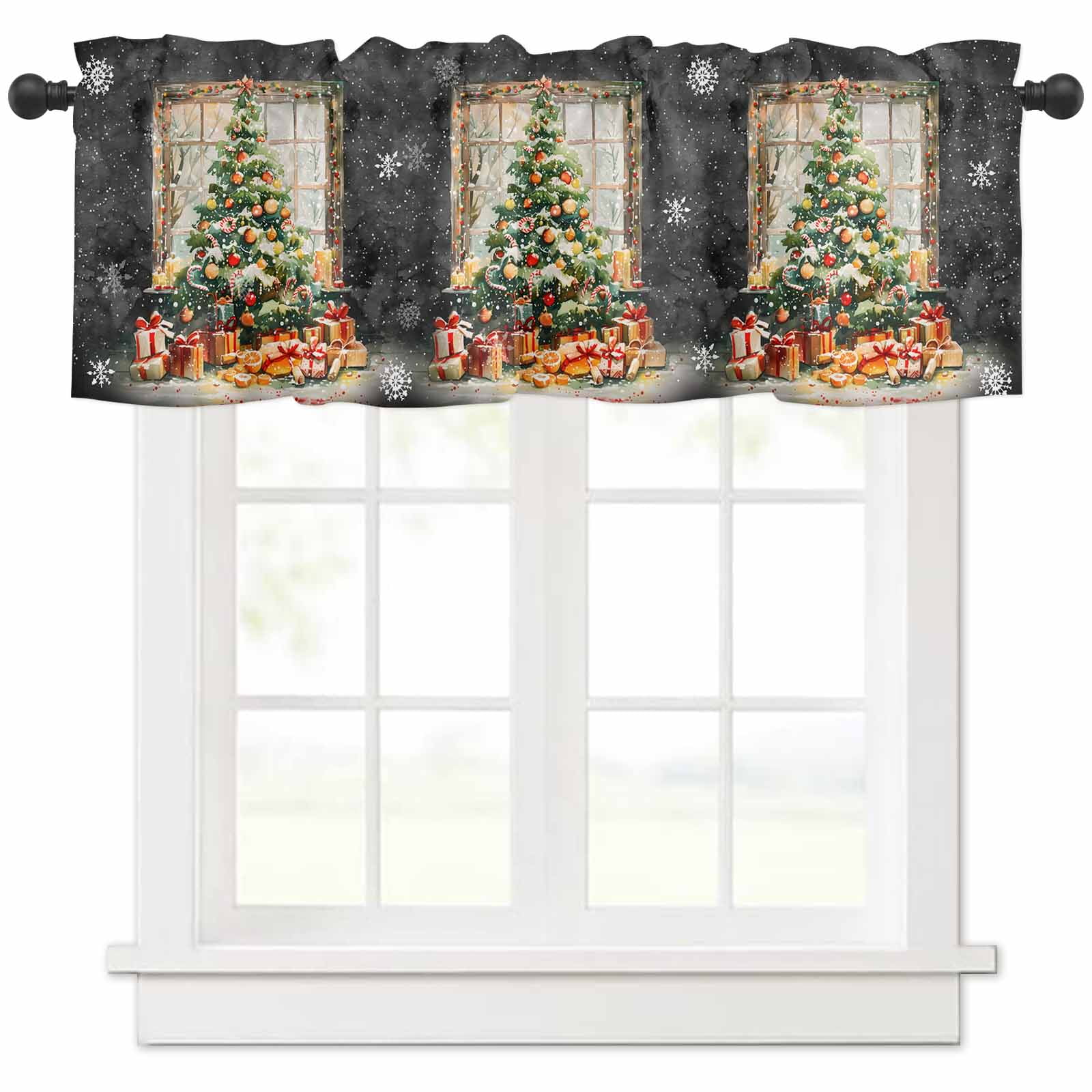 Black Christmas Tree Curtain Valances for Windows Treatment Tier