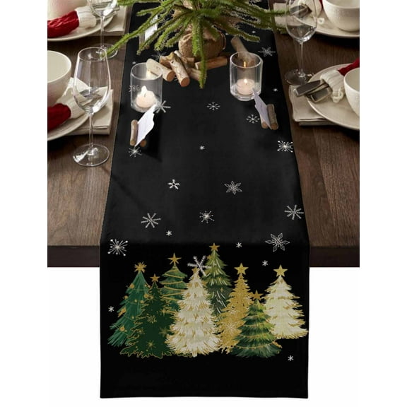 Black Christmas Tree Dresser Scarf Farmhouse, Dining Table Decorations for Wedding/Parties, Xmas Tree Winter Snowflake Table Runner 36 Inches Long for Kitchen Dining, 13 x 36 In