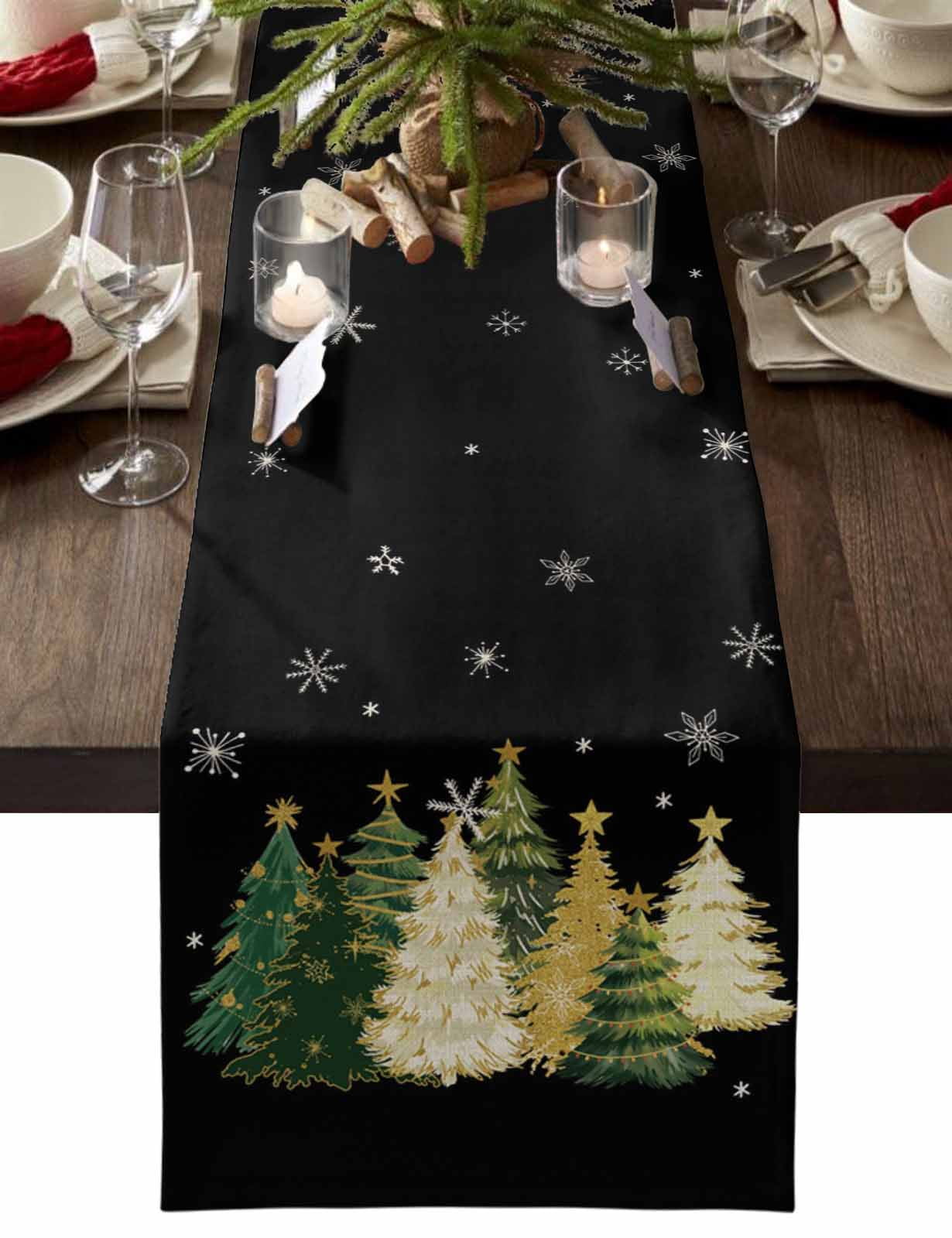 Black Christmas Tree Dresser Scarf Farmhouse, Dining Table Decorations for Wedding/Parties, Xmas Tree Winter Snowflake Table Runner 60 Inches Long for Kitchen Dining, 13 x 60 In