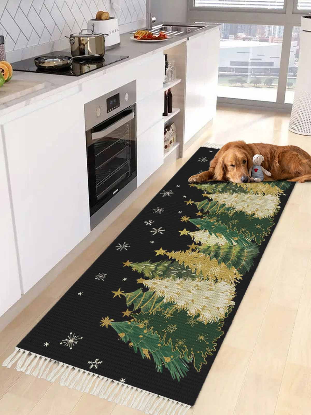 Black Christmas Tree Kitchen Runner Rug 2x4 Bedside Rug with Tassel ...