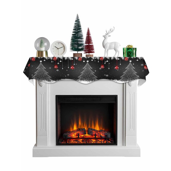 Black Christmas Tree Mantel Scarf Fireplace Decorations for Living Room, Xmas Balls Pine Needles Snowflake Fireplace Mantel Scarf Cover Runner for Halloween/Thanksgiving/Christmas Decor 60"x17"