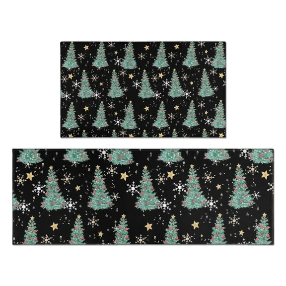 Black Christmas Tree Pattern Kitchen Rugs Sets Of 2,Anti Fatigue Kitchen Mat Rugs Non Slip Washable,Decorative Kitchen Floor Mats for Kitchen,Sink,Laundry,17"x30"+17"x47"