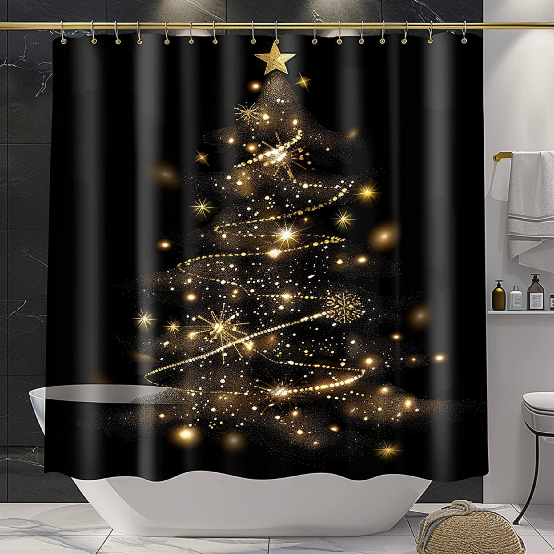 Black Christmas Tree Shower Curtain with Golden Lights Modern Bathroom