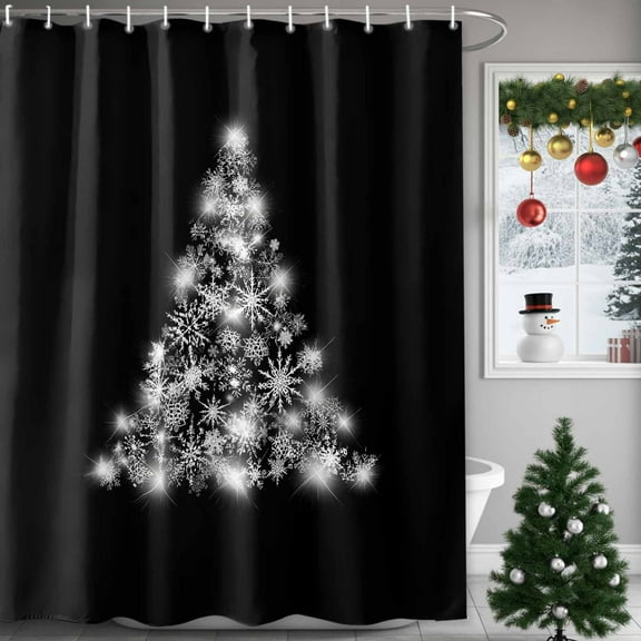 Black Christmas Tree Shower Curtains for Bathroom, Simple Shiny Winter Xmas Tree Snowflakes Waterproof Fabric Shower Curtain for Bathroom Bathtub Decoration, Machine Washable, 36"x72"