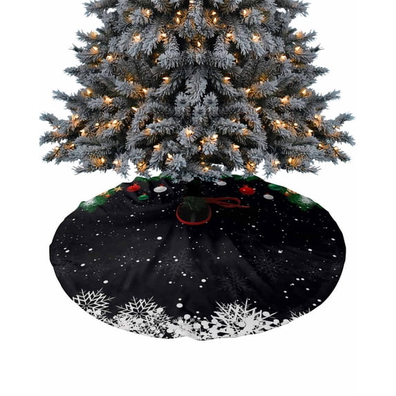 Black Christmas Christmas Tree Skirt 36 Inches Large Christmas Skirt Tree, Xmas Balls Botanical Winter Snowflake Tree Skirt Christmas Decorations for Fireplace Party Holidays Indoor Outdoor