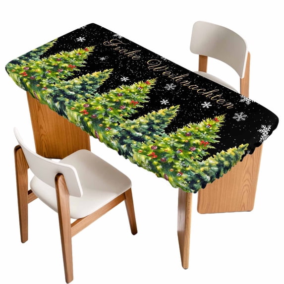Black Christmas Tree Table Cloths for 4 Foot Rectangle Tables, Xmas Tree Snowflake Winter Holiday Patio Waterproof Elastic Fitted Tablecloths, Washable Rectangular Table Cover for Camping