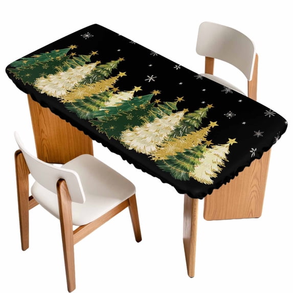 Black Christmas Tree Table Cloths for 5 Foot Rectangle Tables, Xmas Tree Winter Snowflake Patio Waterproof Elastic Fitted Tablecloths, Washable Rectangular Table Cover for Camping