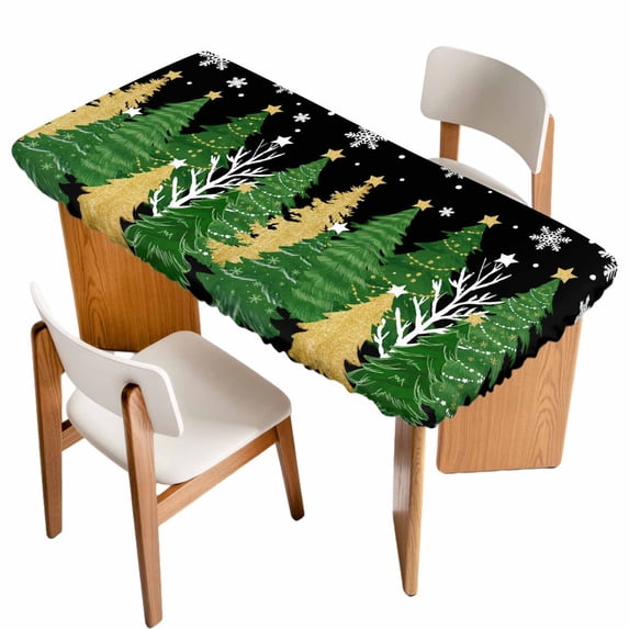 Black Christmas Tree Table Cloths for 6 Foot Rectangle Tables, Green Golden Xmas Tree Snowflake Winter Patio Waterproof Elastic Fitted Tablecloths, Washable Rectangular Table Cover for Camping