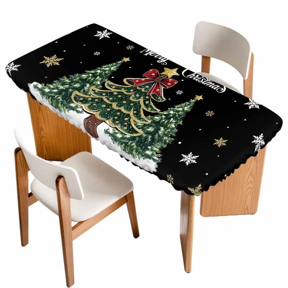 Black Christmas Tree Table Cloths for 6 Foot Rectangle Tables, Snowflake Tree Xmas Patio Waterproof Elastic Fitted Tablecloths, Washable Rectangular Table Cover for Camping