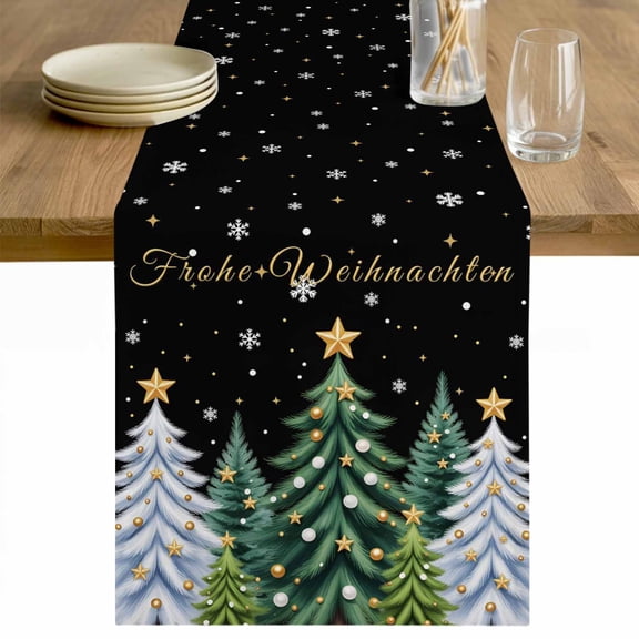 Black Christmas Tree Table Runner 36 Inches Long Farmhouse Dress Scarves, Xmas Trees Snowflakes Winter Holiday Dining Tablerunner for Coffee Table/Kitchen Island/Party Décor, Small 13" x 36"