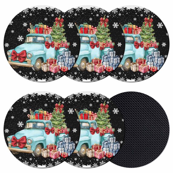 Black Christmas Trucks Coasters Set of 6, Absorbent Coasters for Drinks, Xmas Tree Winter Gifts Snowflake Coaster for Desk Coffee Table Protection, Home Decor House Warming Gifts 4"