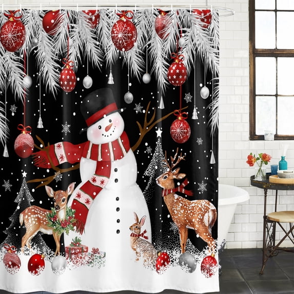 Black Christmas Waterproof Shower Curtain, Stall 36"x72" Washable Polyester Fabric Shower Curtains for Bathroom, Snowman Elk Balls Snowflake Xmas Decorative Bathtub Curtain Sets with Hooks
