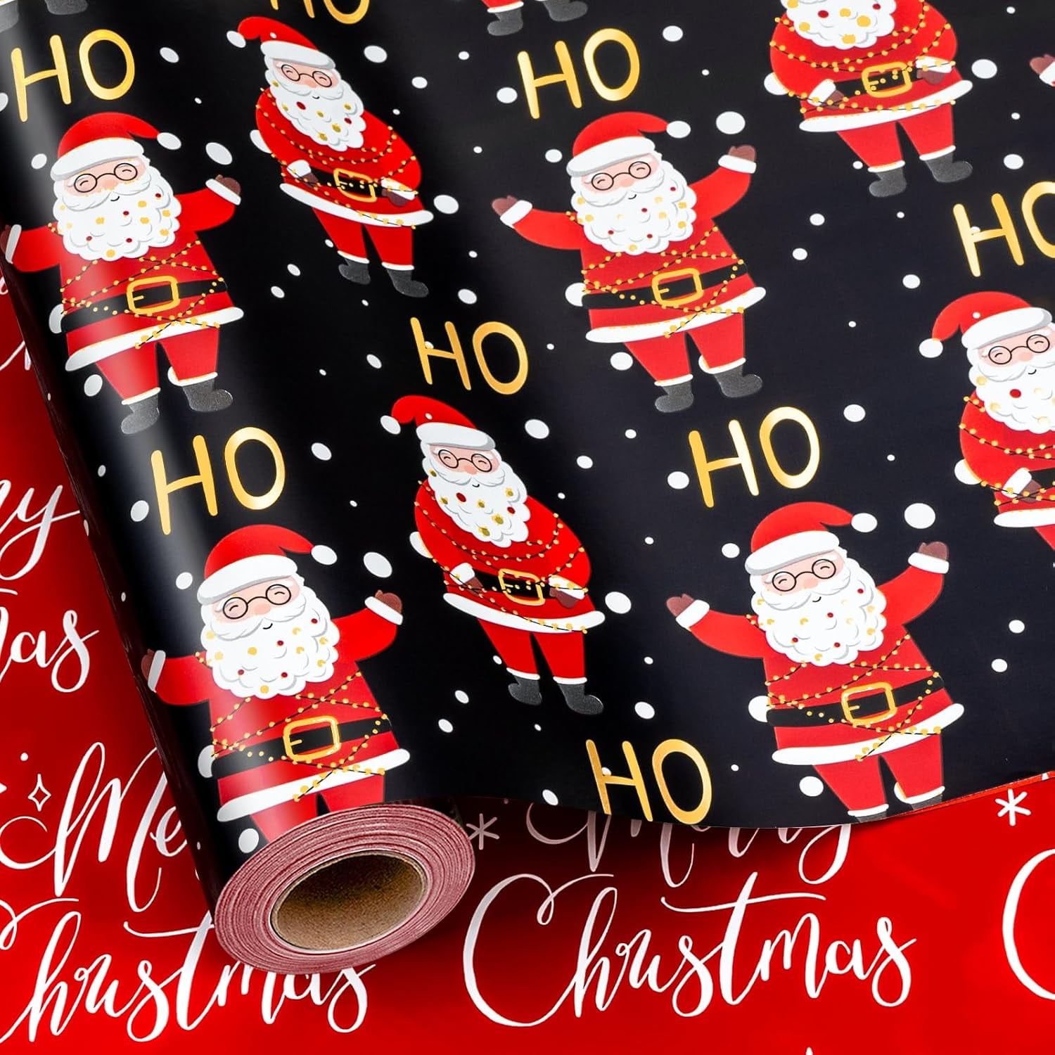Black Christmas Wrapping Paper, Santa Wrapping Paper, Metallic Foil ...