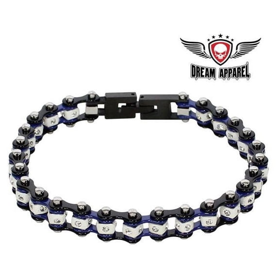 Black, Chrome & Blue Squared Motorcycle Bracelet with Clear Gemstones - Small
