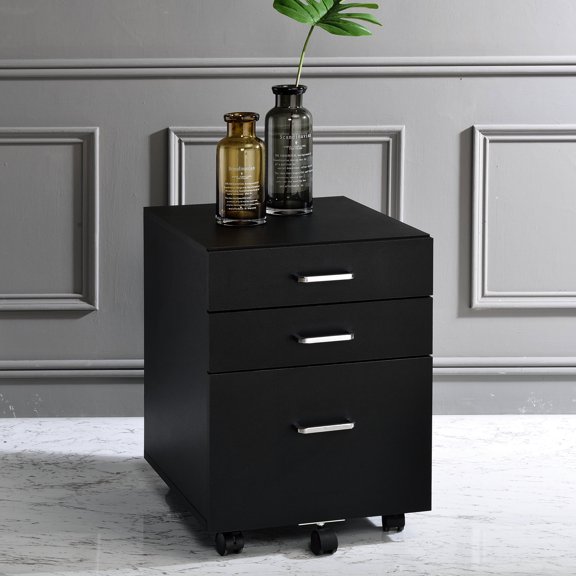 Black & Chrome Office File Cabinet | Use in Home or Office | Particle Board and Metal Finish | Smooth Mobility and Storage