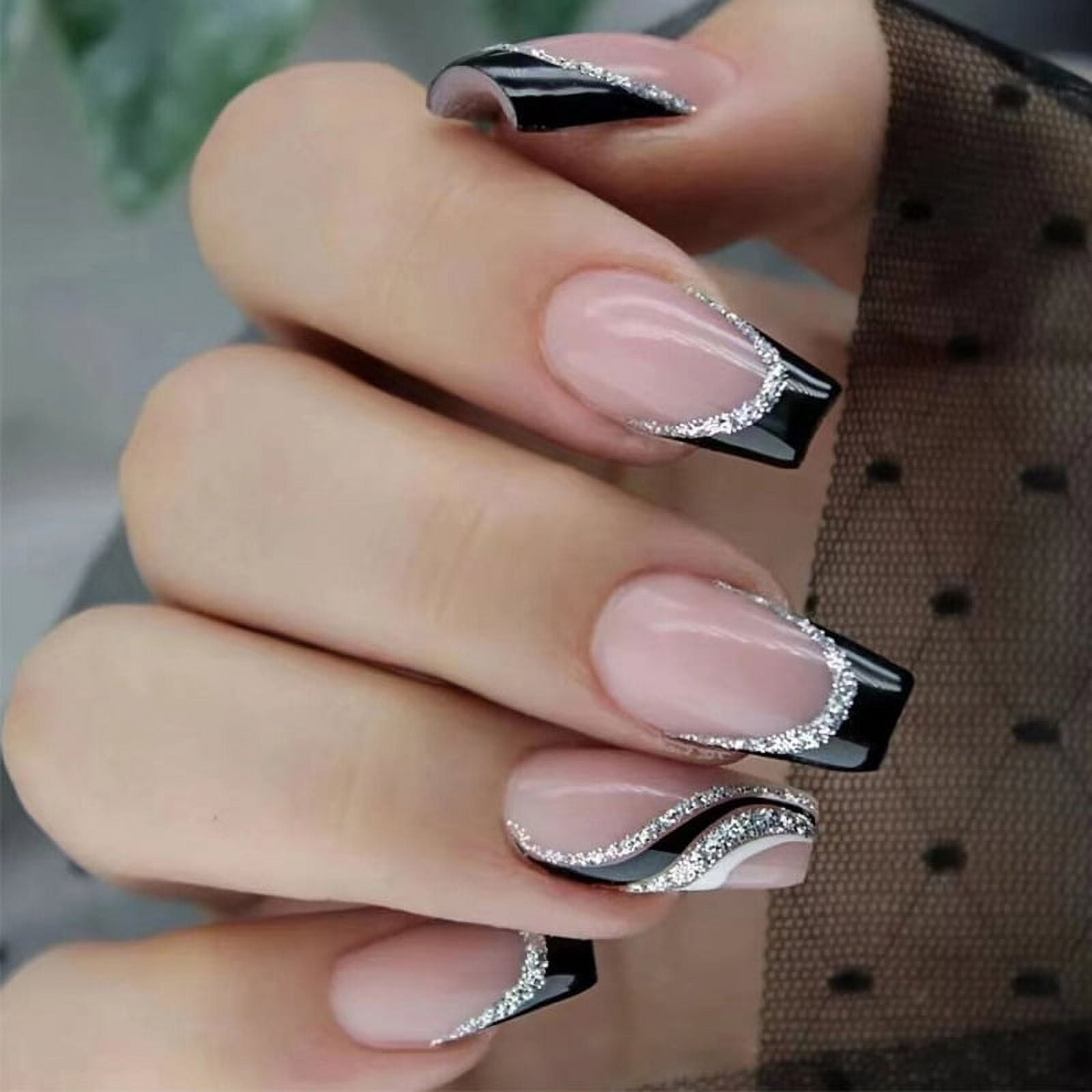 Black Chrome Press On Nails Short Square, Black Mirror Chrome Glossy