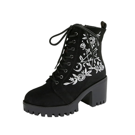 Black Chunky Heel Ankle Boots For Women, Embroidered Design, Lace-Up Closure, Side Zipper For A Fashion-Forward Look