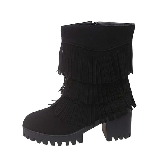 Black Chunky Heel Boots With Tassel Embellishment, Thick Sole, Women'S High Heel Boots For Fall And Winter Style