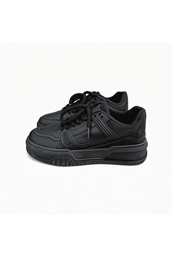 All Black Chunky Platform Sneakers for Men Women, Non-Slip Leather Casual Shoes, Fashion Low-Top Skate Shoes with Thick Sole, Comfortable Walking Shoes for Daily Wear, Work, Outdoor Activities