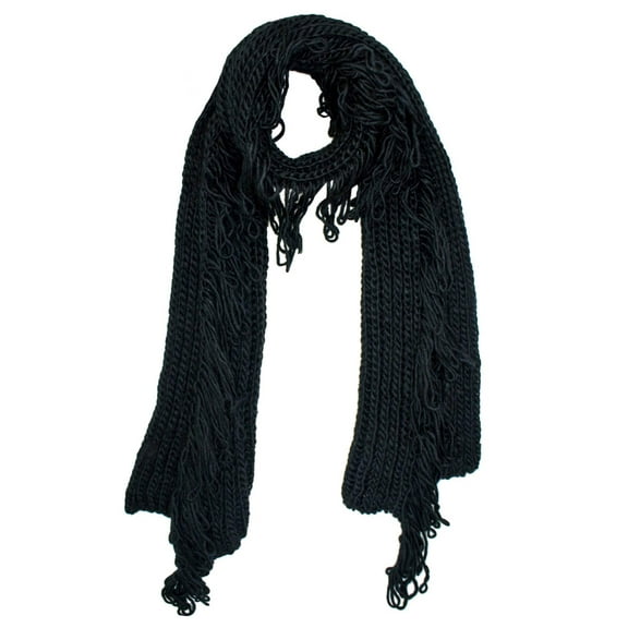Black Chunky Winter Knit Scarf With Loop Fringe