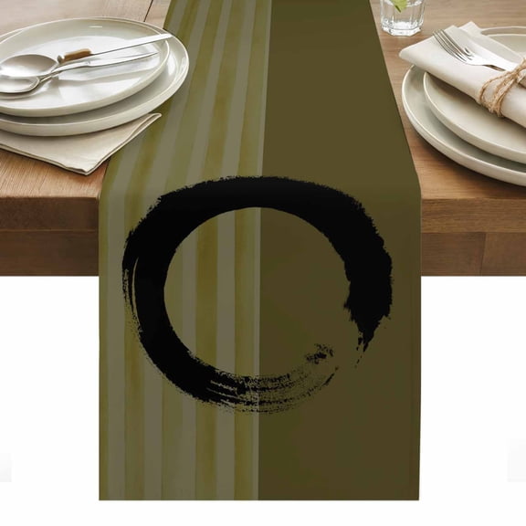Black Circle Cotton Linen Table Runner Japanese Style Circle Green Strips Background Dining Table Runners for Home Decor Party Dining Room Restaurant Kitchen Party 13" x 36"