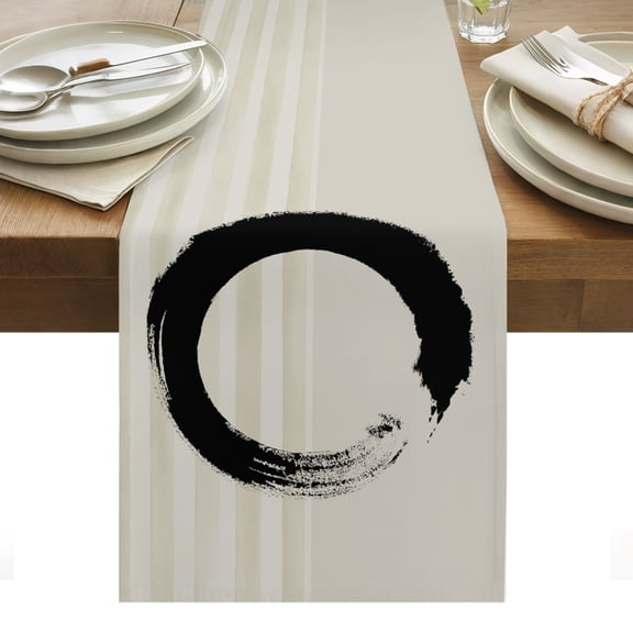 Black Circle Cotton Linen Table Runner Japanese Style Circle Grey Strips Background Dining Table Runners for Home Decor Party Dining Room Restaurant Kitchen Party 13" x 36"