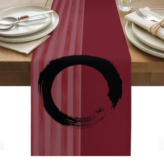 Black Circle Cotton Linen Table Runner Japanese Style Circle Red Strips Background Dining Table Runners for Home Decor Party Dining Room Restaurant Kitchen Party 13" x 36"