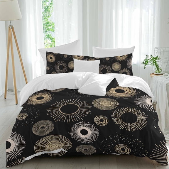 Black Circle Queen Size Comforter Set, Lines Modern Abstract Art Modern Bedding for All Seasons, 4 Pcs Bed Set, 1Quiltcover (90"x92") ,1Sheet(94"x116"), 2Pillowcases (30"x20")